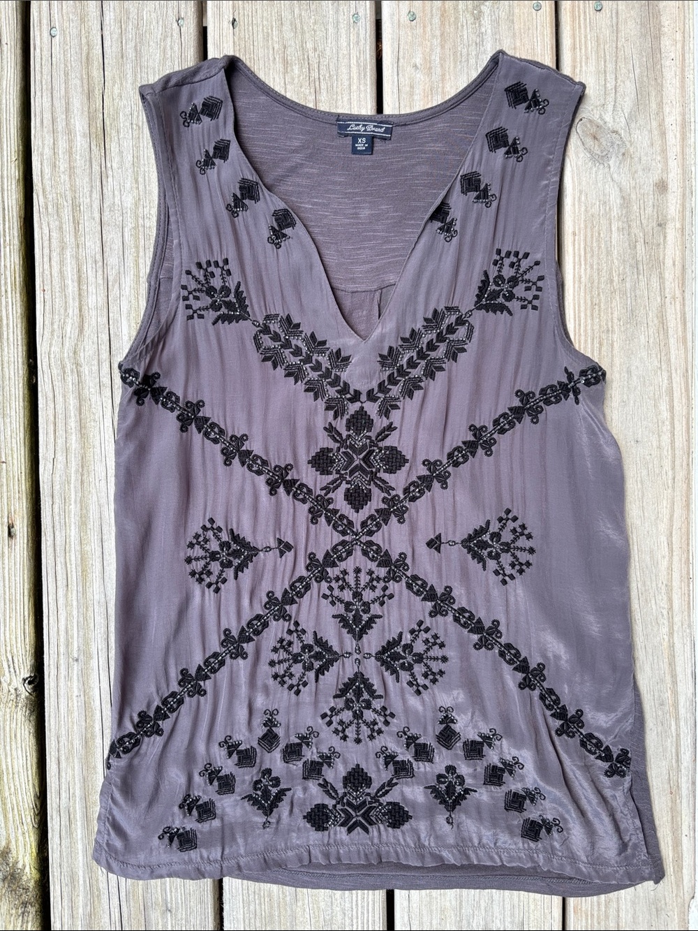 LUCKY‎ BRAND Grey & Black Indie Sleaze Y2K Sleeveless V Neck Boho Blouse Size XS